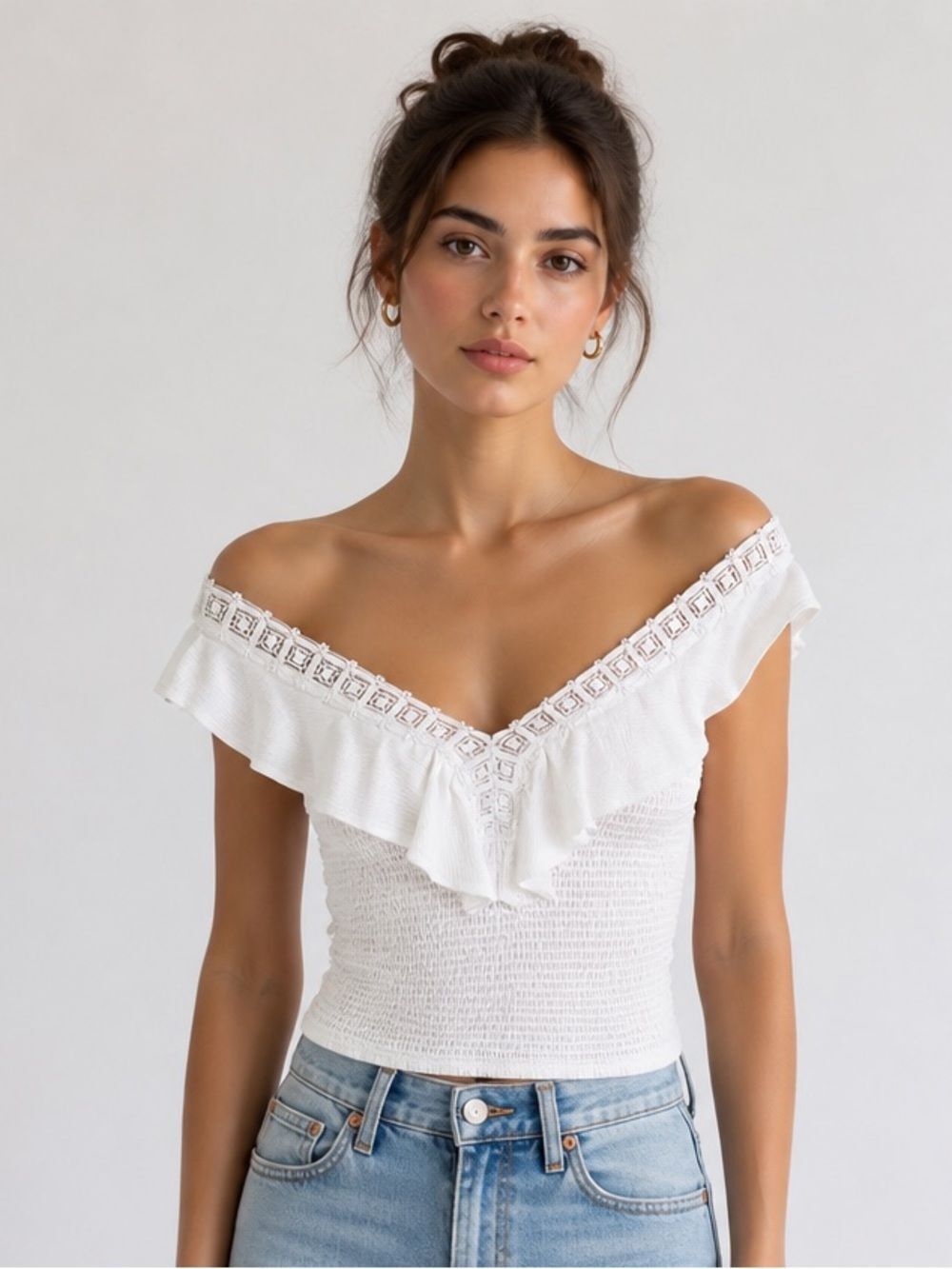 Express White Off-Shoulder Ruffle Crochet Crop Top